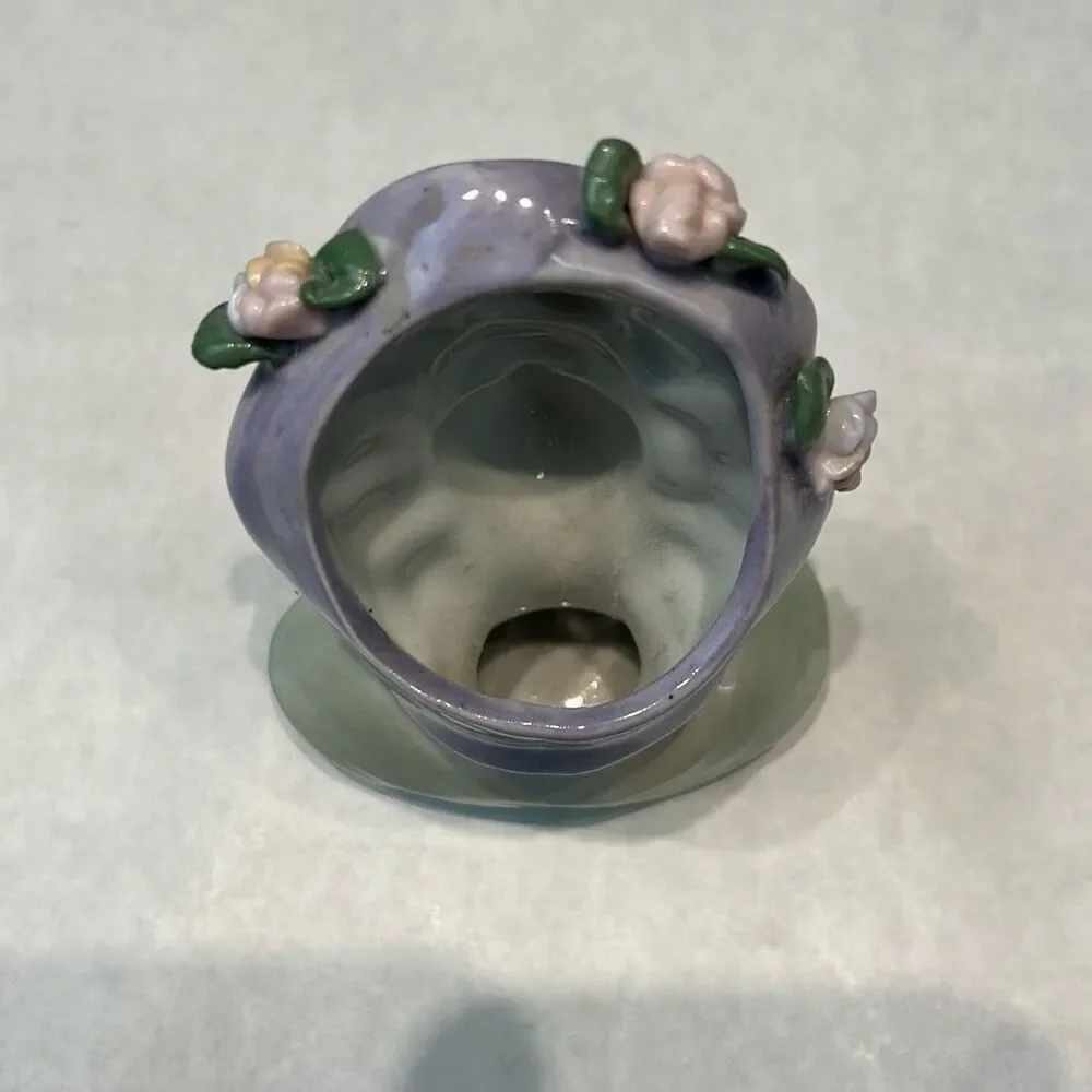 Vtg Lady Head Bust Vase Brush Holder Lilac Purple Hat Flowers - Picture 3 of 7